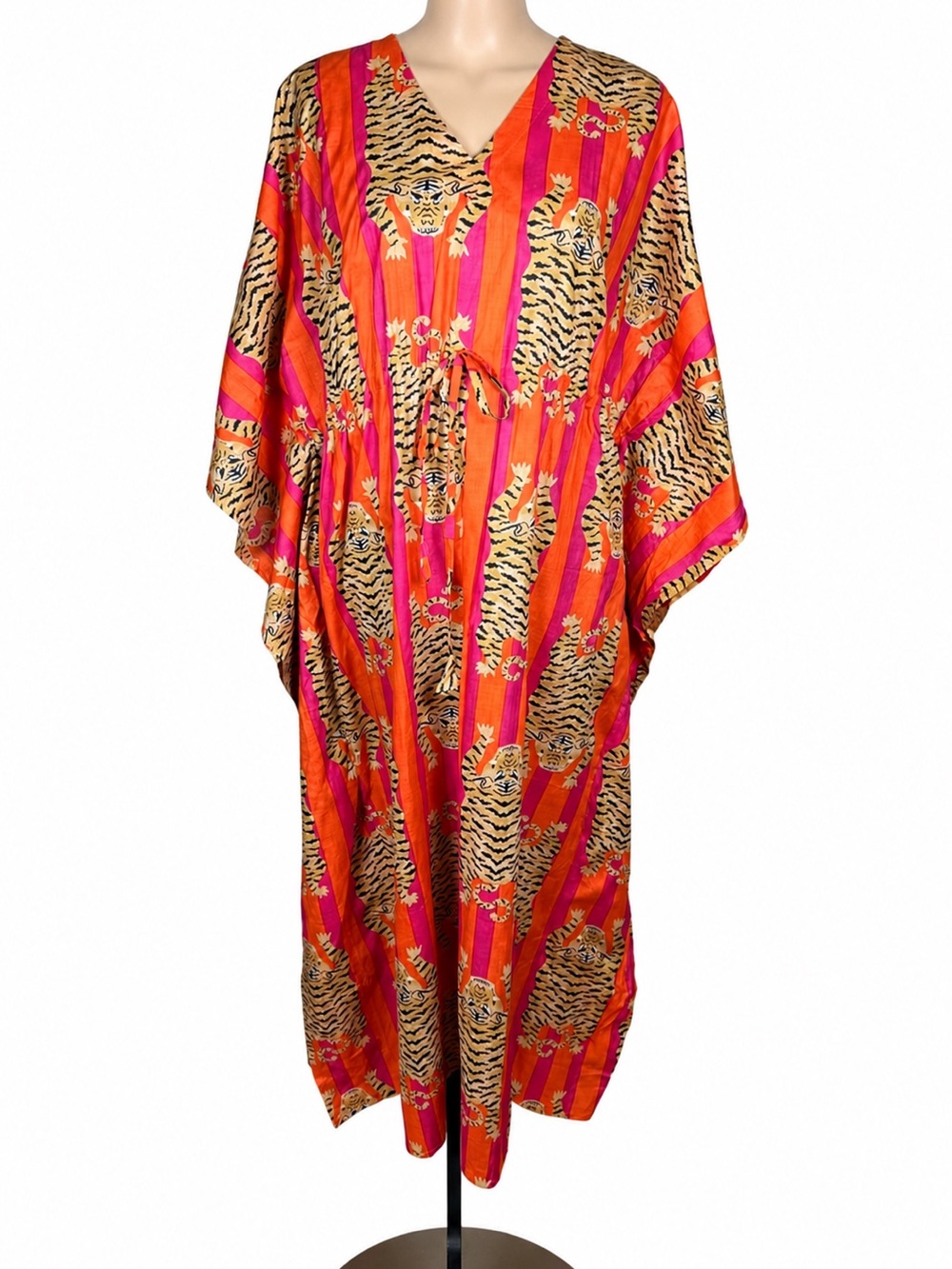 Tibetan Tiger Print Cotton Kaftan Dress OS Bright Tropical Boho Lounge Resort 💕🧡